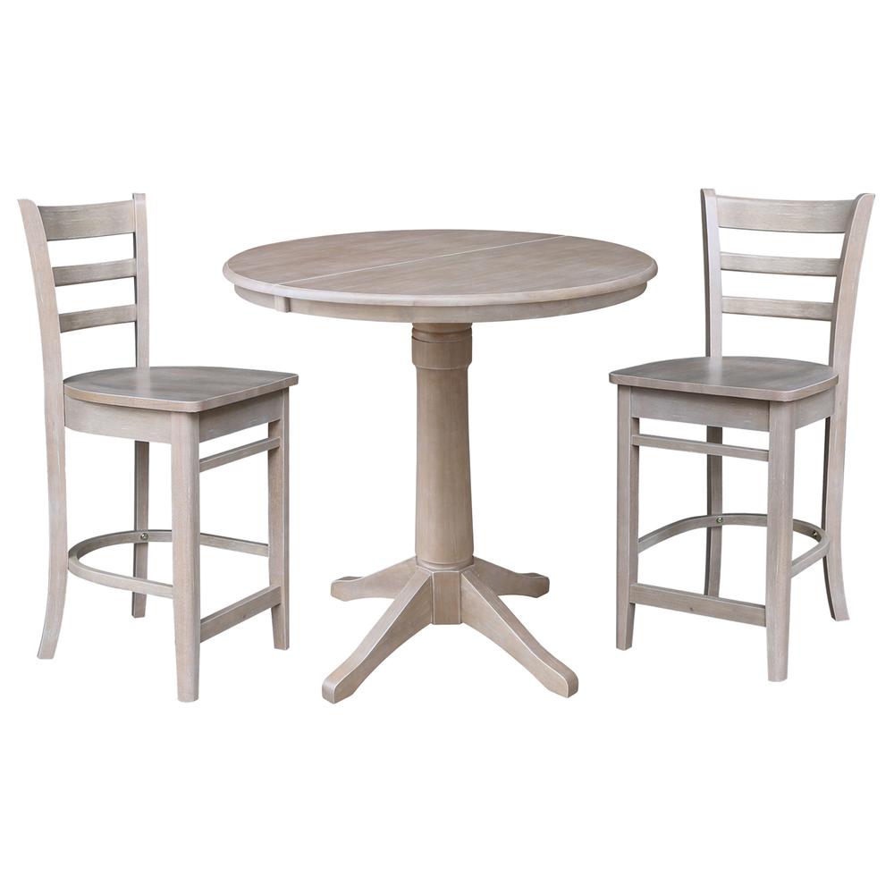 36" Round Extension Dining Table with 2 Emily Counter Height Stools - 3 Piece Set, Washed Gray Taupe