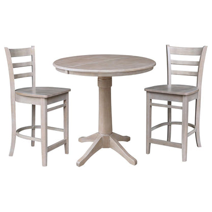 36" Round Extension Dining Table with 2 Emily Counter Height Stools - 3 Piece Set, Washed Gray Taupe