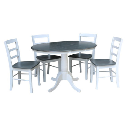 36" Round Extension Dining Table with 4 Madrid Ladderback Chairs - 5 Piece Dining Set, White/Heather Gray