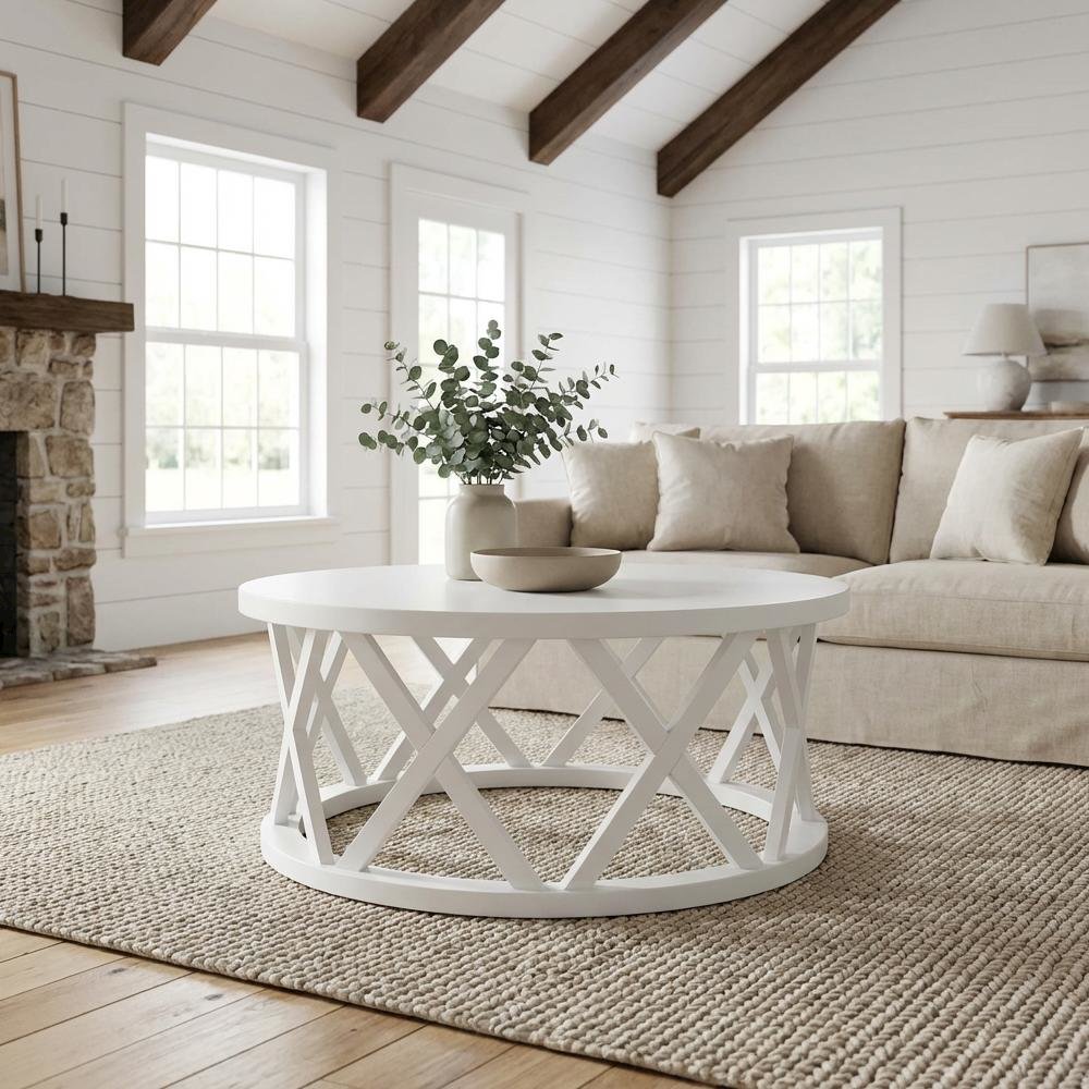 White Round Coffee Table with Parawood Construction and Sturdy Design