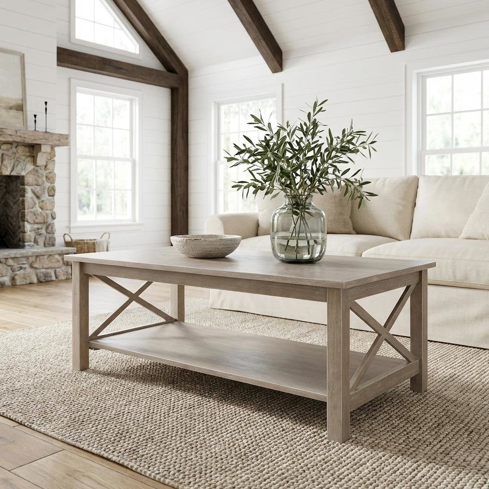 Hardwood Coffee Table Washed Gray Taupe with Durable Surface and Easy Care