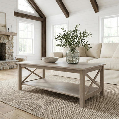 Hardwood Coffee Table Washed Gray Taupe with Durable Surface and Easy Care