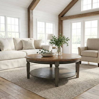 Hickory Washed Coal Round Coffee Table Hardwood Top Durable Design