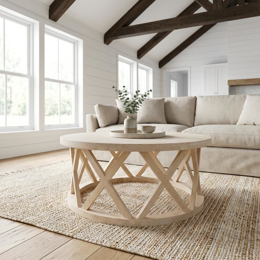 Unfinished Round Coffee Table with Parawood Construction and Sturdy Design