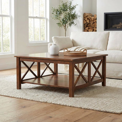 Brown Parawood Coffee Table with Square Top and Sturdy Construction SKU
