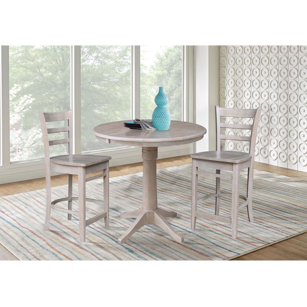 36" Round Extension Dining Table with 2 Emily Counter Height Stools - 3 Piece Set, Washed Gray Taupe