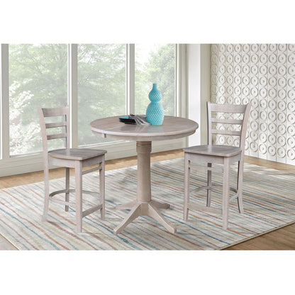 36" Round Extension Dining Table with 2 Emily Counter Height Stools - 3 Piece Set, Washed Gray Taupe