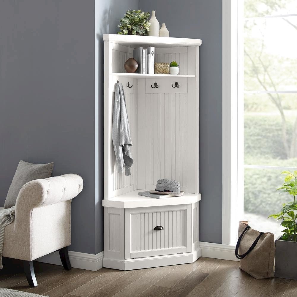 Distressed White Hall Tree with Anti-Tip Hardware and Storage Space