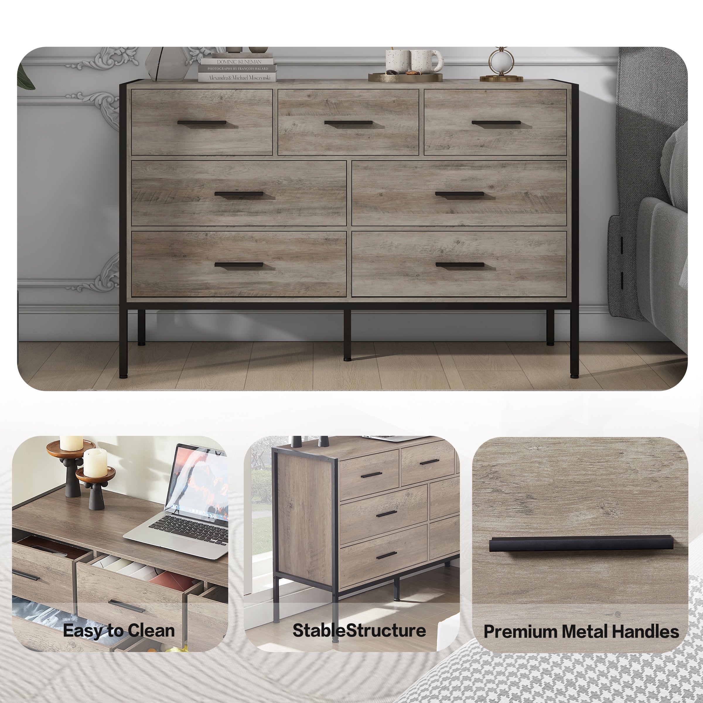 Wood Dresser with 7 Drawers, Wooden Storage Closet for Bedroom, Solid Clothes Cabinet with Sturdy Steel Frame, 48.58"W×15.75"D×31.22"H, 48 inch, Rustic Grey