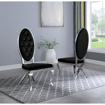 Classic 7pc Dining Set w/Uph Tufted Side/Arm Chair, Glass Table w/ Silver Spiral Base, Black