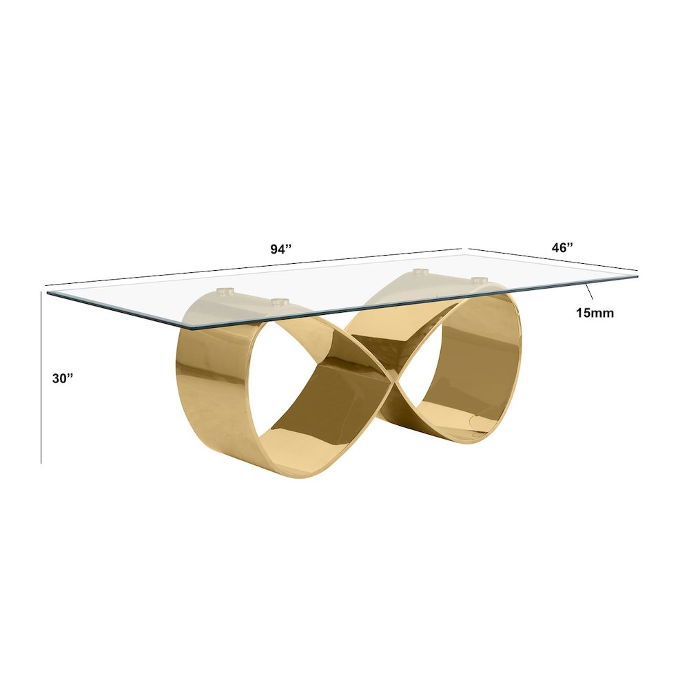 94X46 Tempered Glass Dining Table With An Infinity Gold Stainless Steel Base