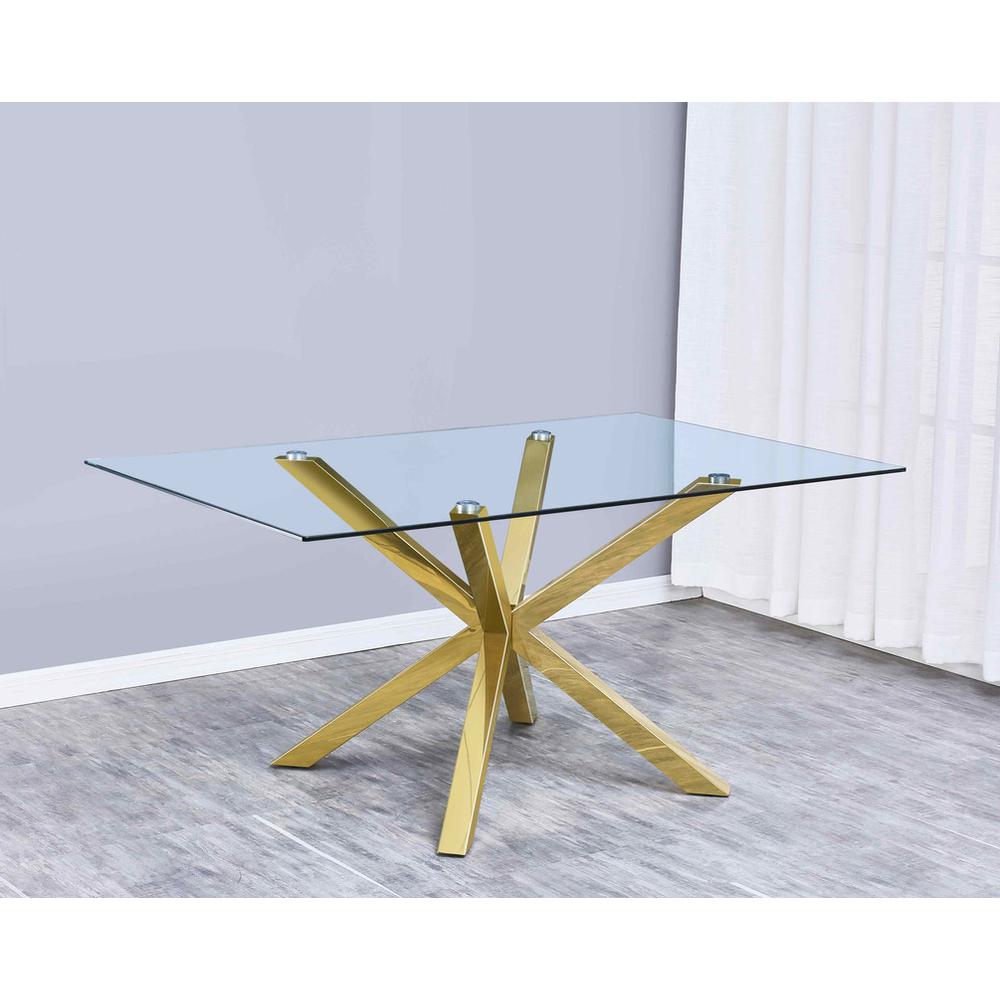 Contemporary 5pc Dining Set, Glass Dining Table w/Stainless Steel Gold Base & Velvet Tufted Chrome Leg Dining Chairs, Beige