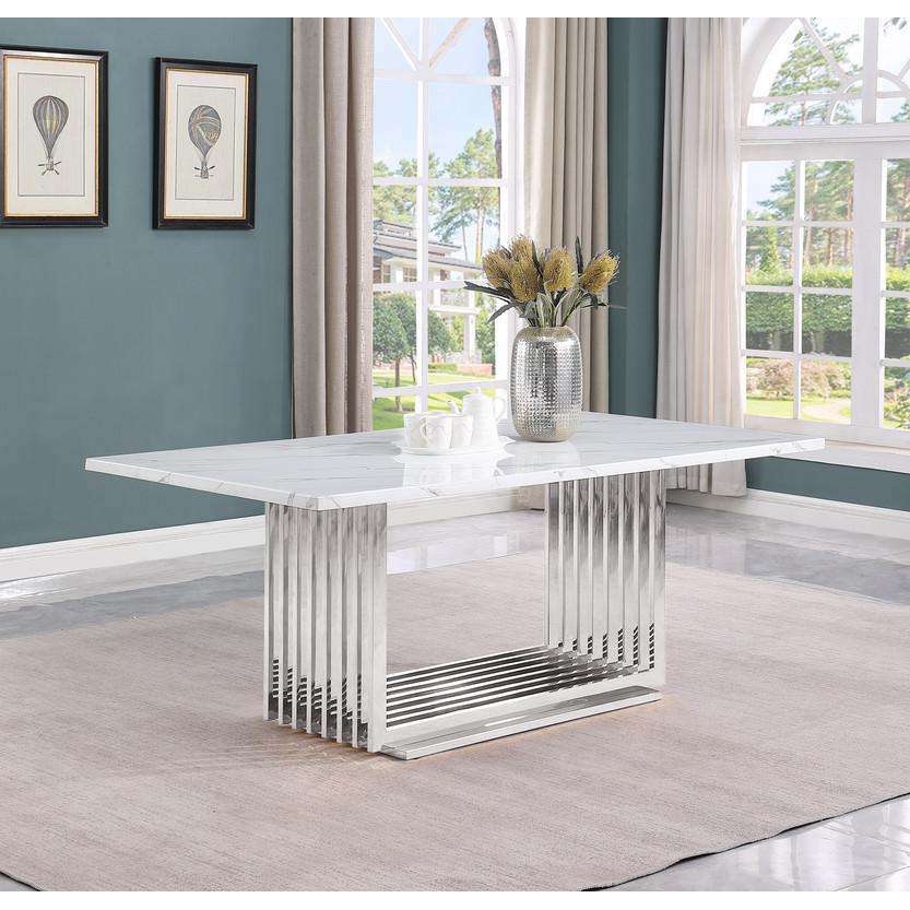 9pc Large(79") marble top dining set with silver base and 8 Black side chairs