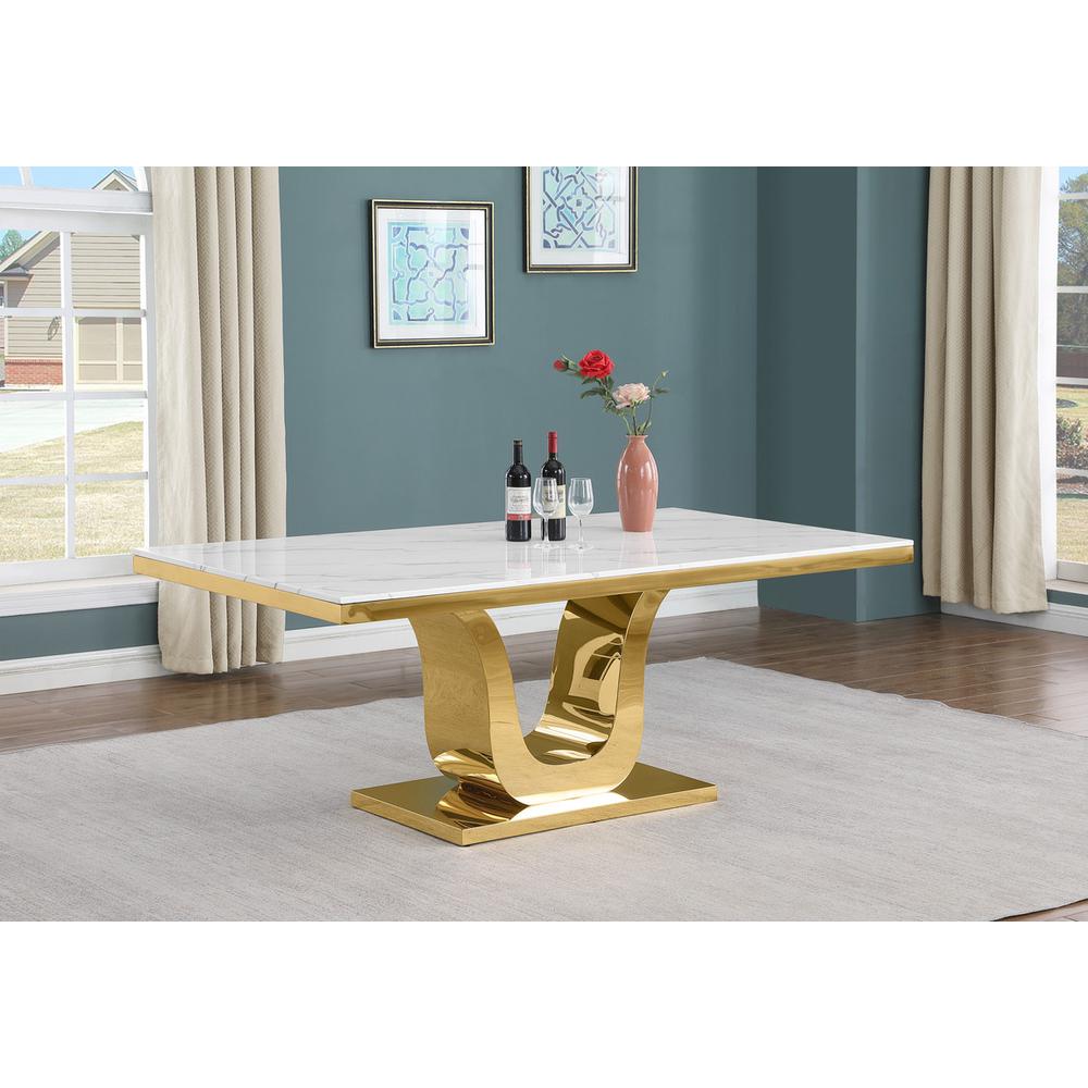 9pc Large(78") marble top dining set with gold base and 8 Cream side chairs