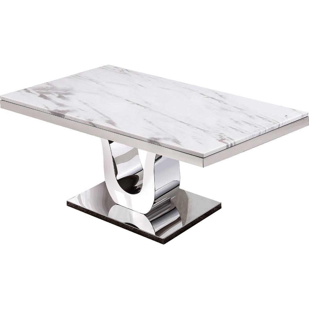White Marble 5pc Set Non-Tufted Stainless Steel Chairs in White Faux Leather