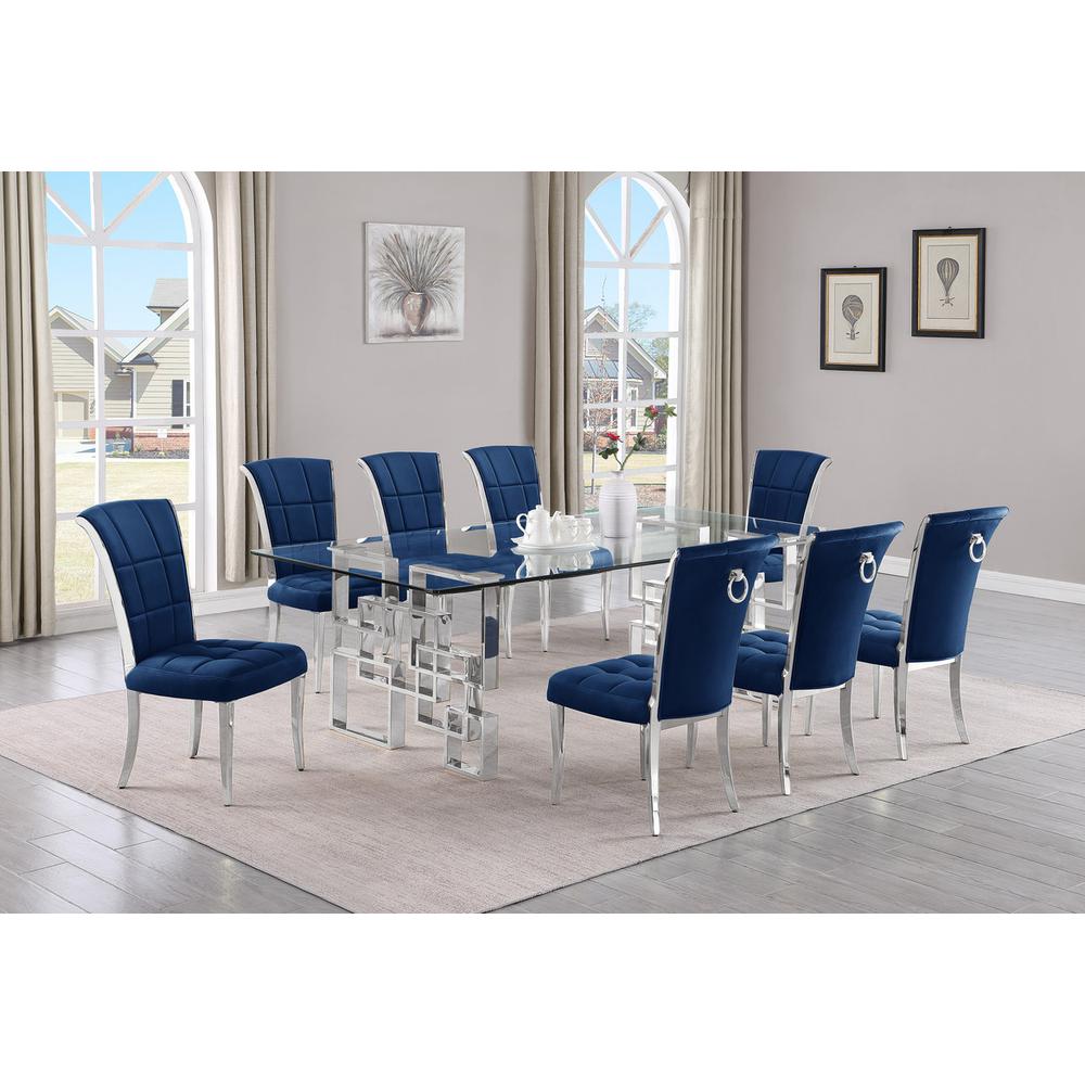 9-piece glam dining set with 8 navy blue chairs and a 95" long glass  table
