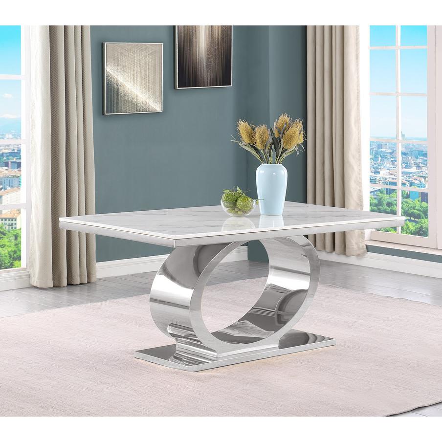 7pc Large(68") marble top dining set with silver base and 6 Navy blue chairs
