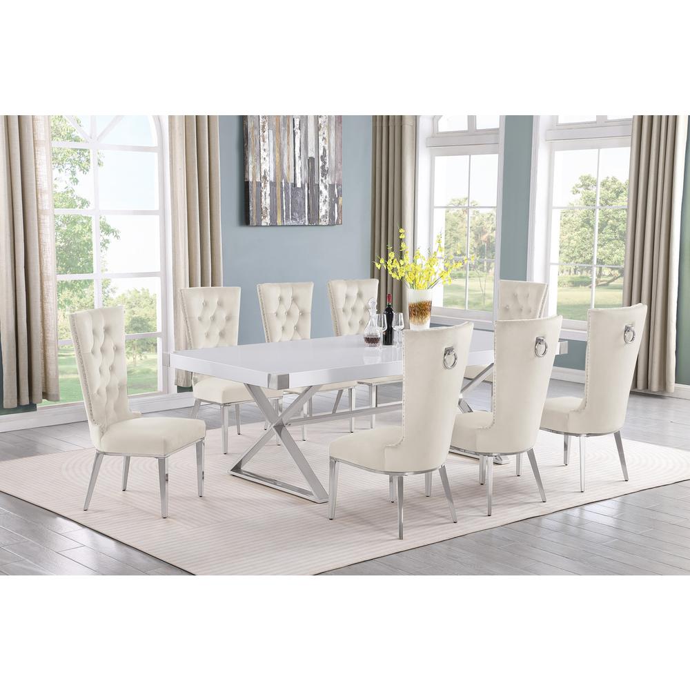 9pc Large(94") white wood top dining set with gold base and 8 Cream side chairs