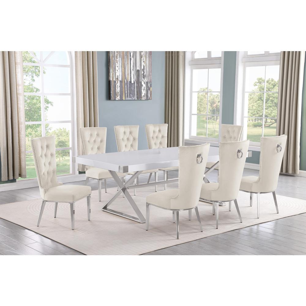 9pc Large(94") white wood top dining set with gold base and 8 Cream side chairs