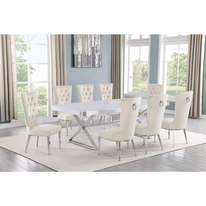 9pc Large(94") white wood top dining set with gold base and 8 Cream side chairs