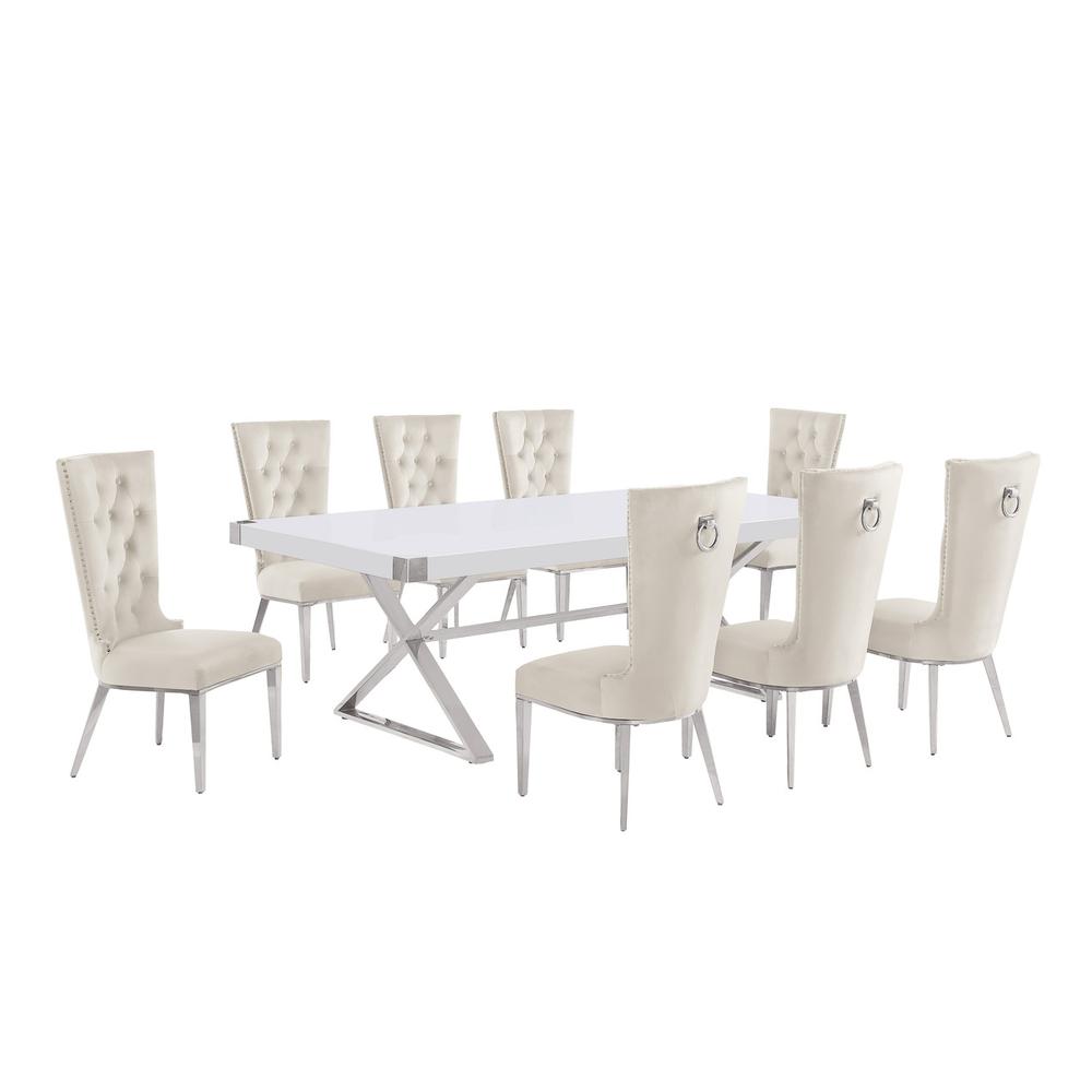 9pc Large(94") white wood top dining set with gold base and 8 Cream side chairs