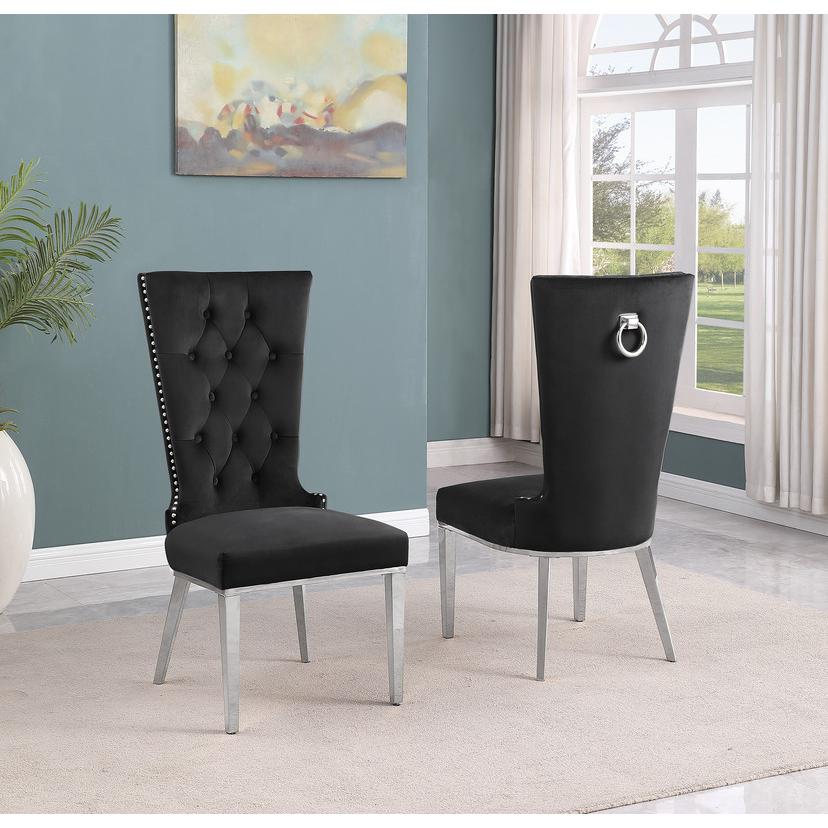 9-piece glam dining set with 8 black chairs and a 95" long glass  table