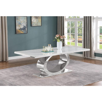 7pc Large(87") marble top dining set with silver base and 6 Navy blue chairs