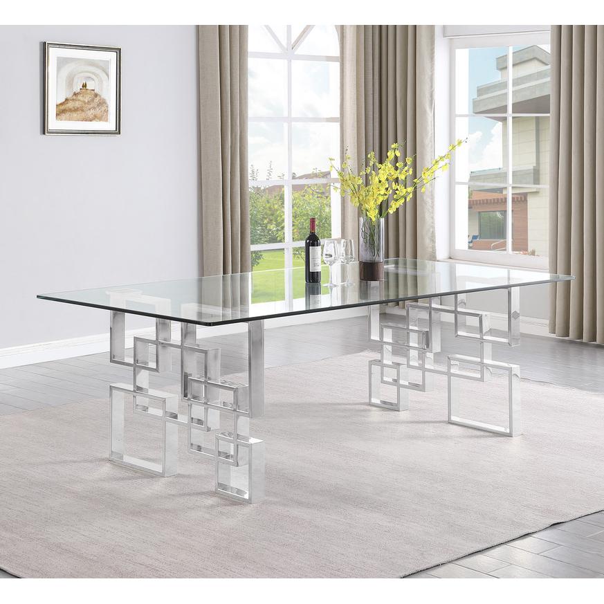 9-piece glam dining set with 8 black chairs and a 95" long glass  table