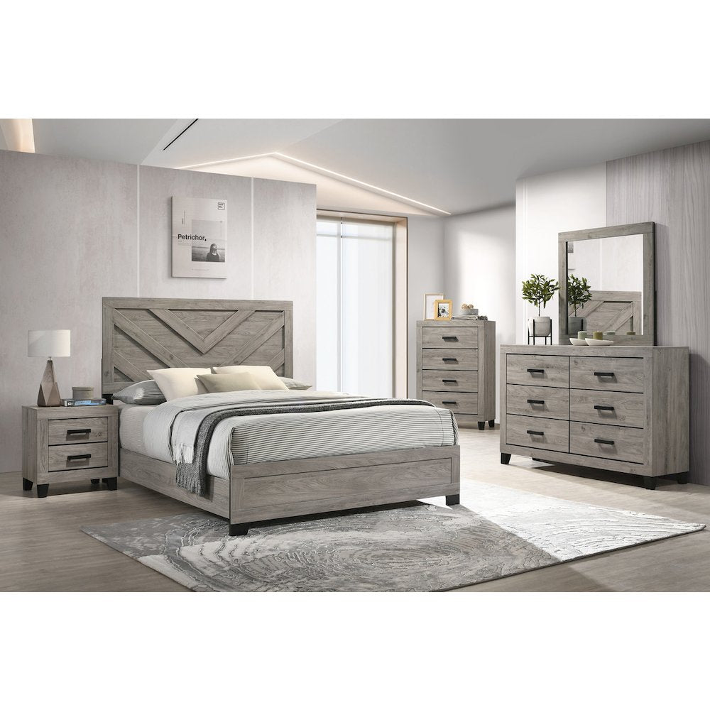 5 piece light grey pannel bedroom set (Bed+NS+Dresser+Mirror+Chest)