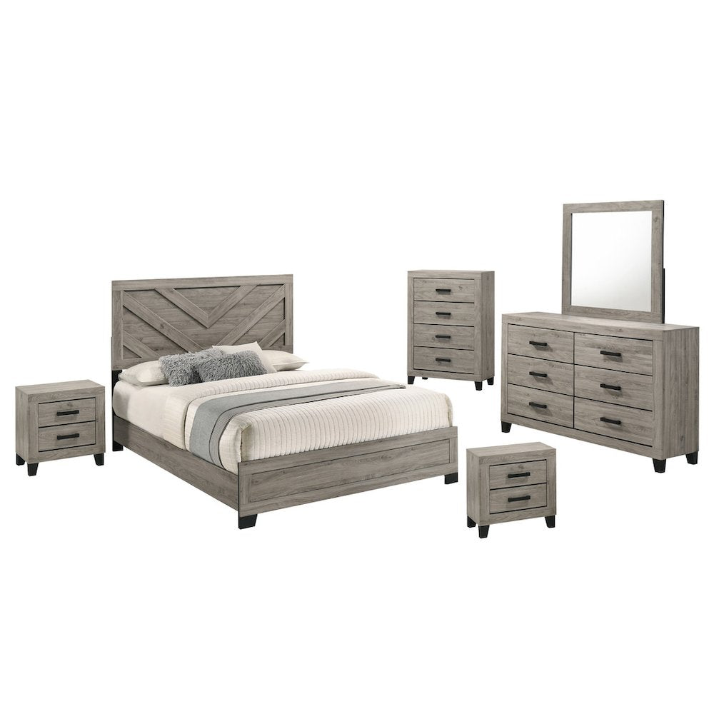 6 piece light gray pannel bedroom set (Bed+2NS+Dresser+Mirror+Chest)