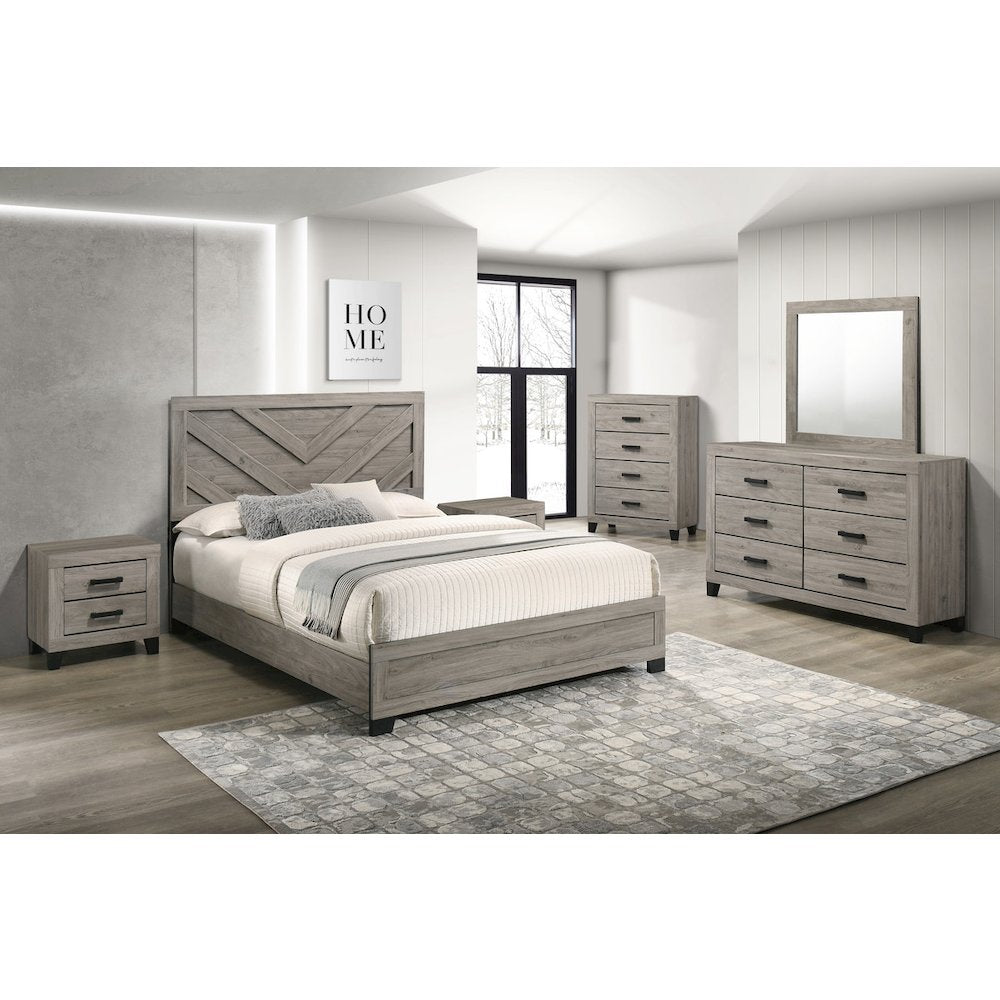 6 piece light gray pannel bedroom set (Bed+2NS+Dresser+Mirror+Chest)