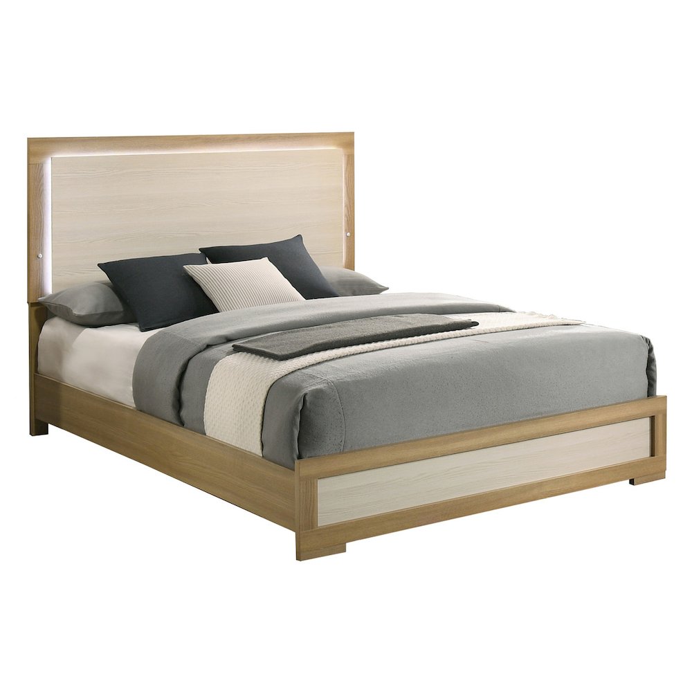 4 piece - Beige wood bedroom set (Bed+NS+Dresser+Mirror)