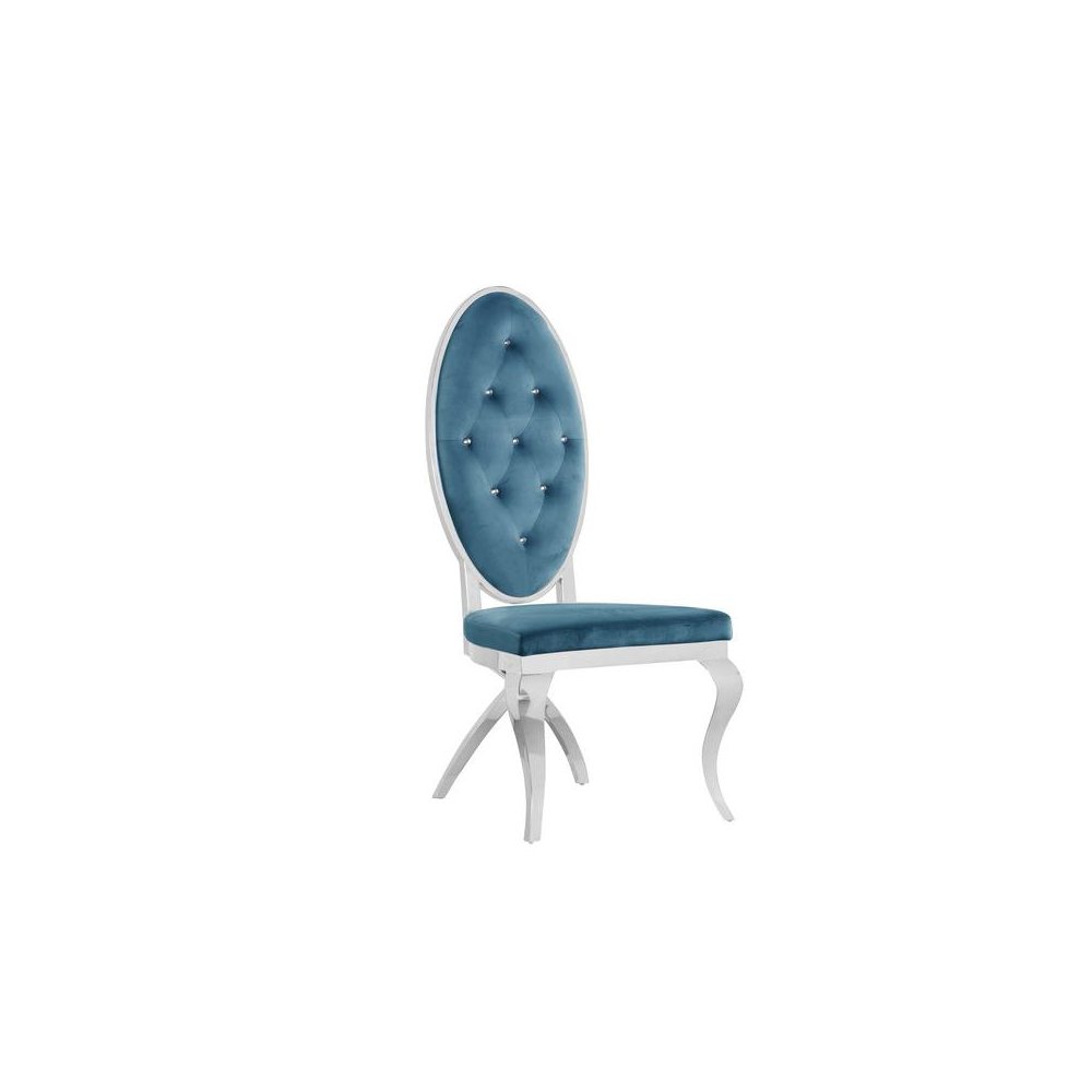 Teal Blue Velvet Faux Crystal Dining Side Chairs, Stainless Steel - Set of 2