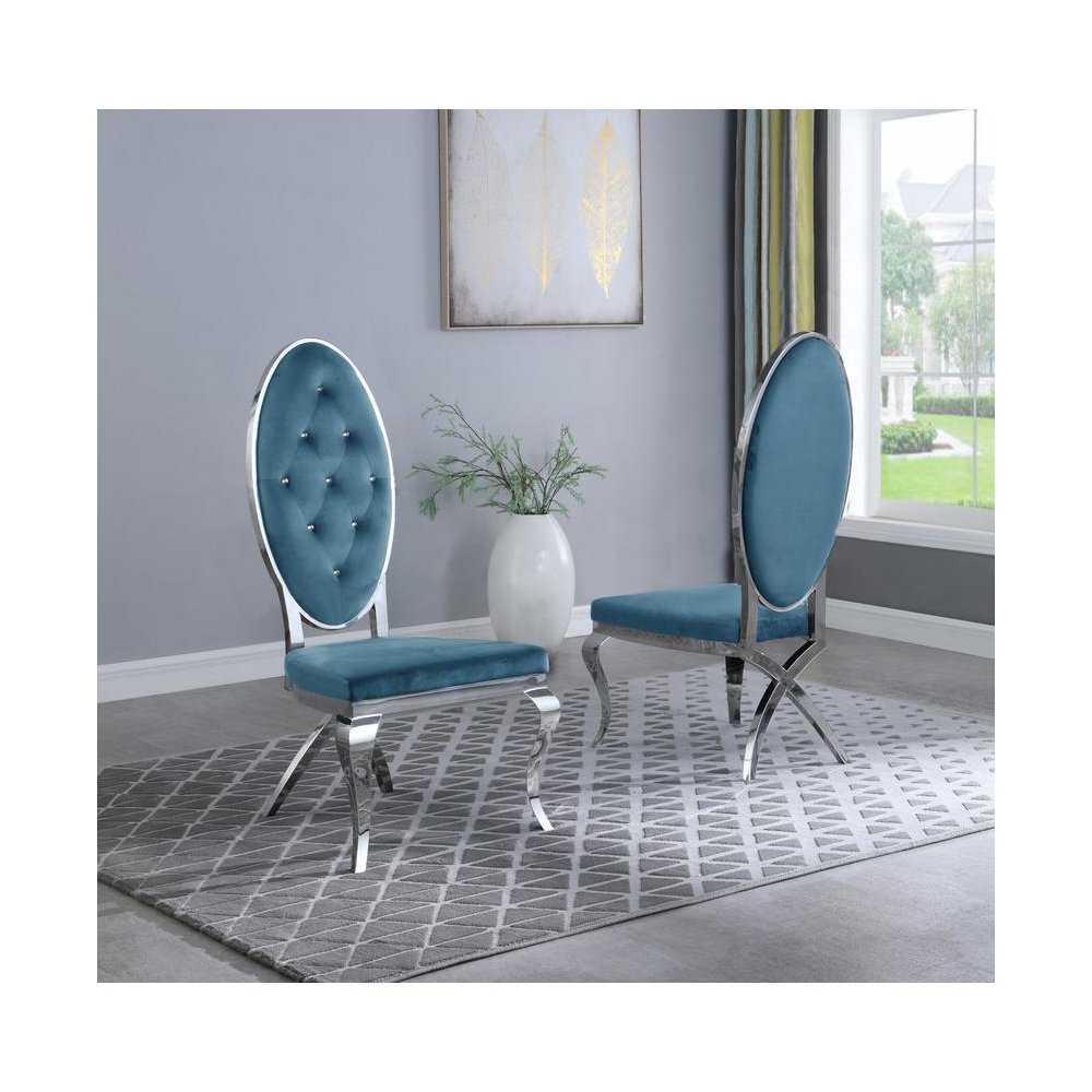 Teal Blue Velvet Faux Crystal Dining Side Chairs, Stainless Steel - Set of 2