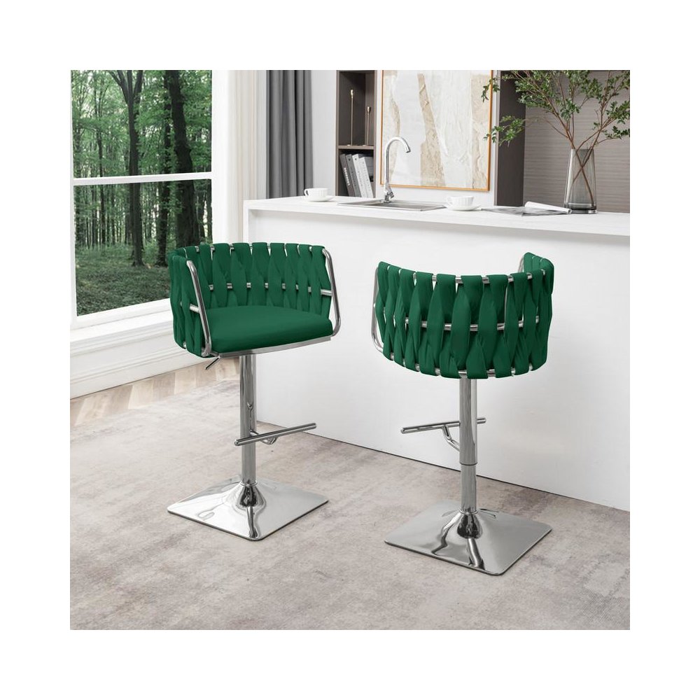 Velvet Upholstered barstool in Emerald green and silver color base (SET OF 2)