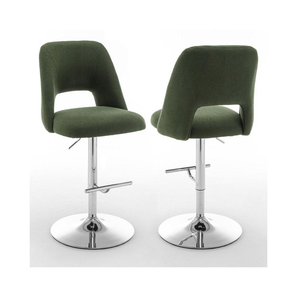 Boucle fabric upholstered barstool with a green seat and silver base (SET OF 2)