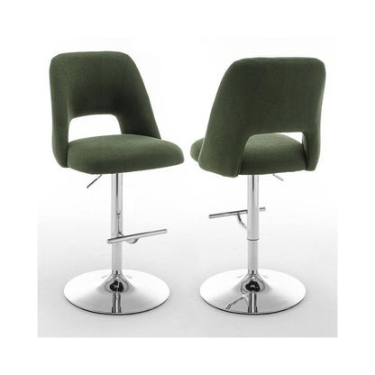 Boucle fabric upholstered barstool with a green seat and silver base (SET OF 2)