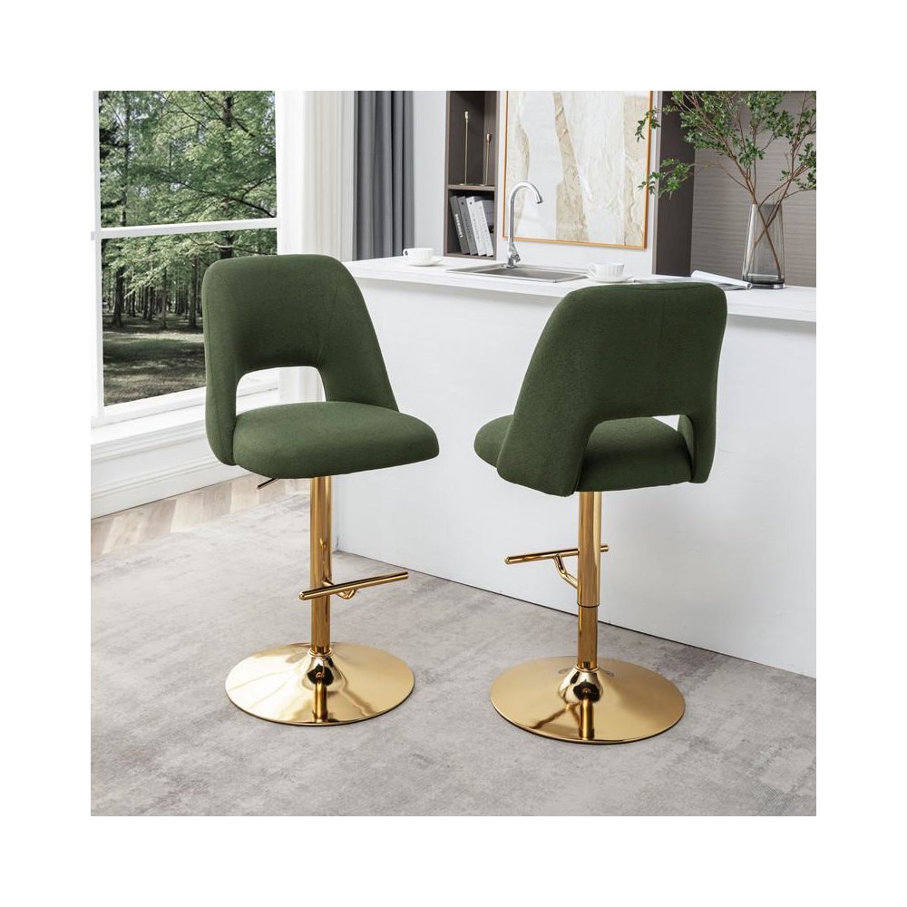 Boucle fabric upholstered barstool with a green seat and gold base (SET OF 2)