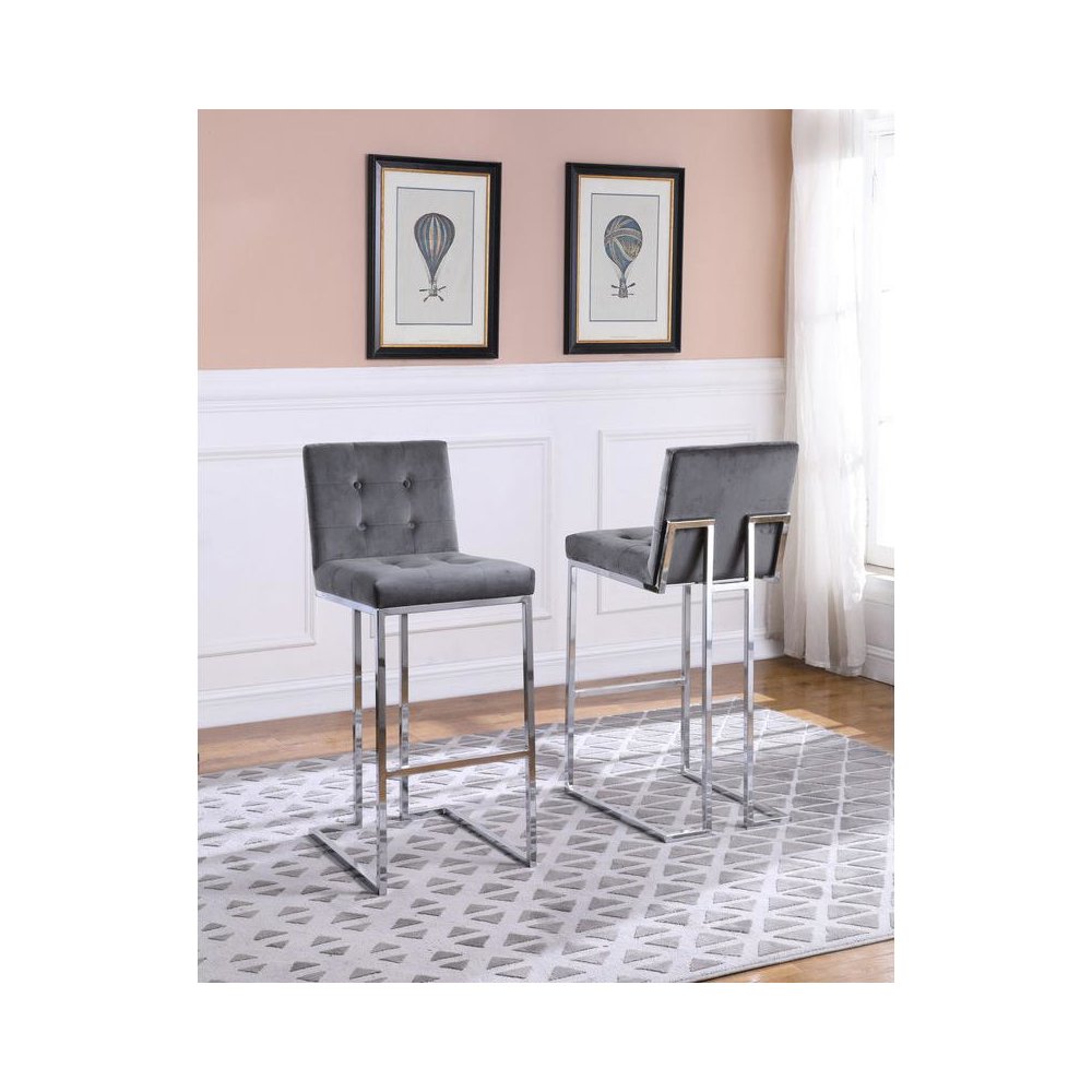 29" Tufted Velvet Upholstered Bar Stool in Dark Grey (Set of 2)