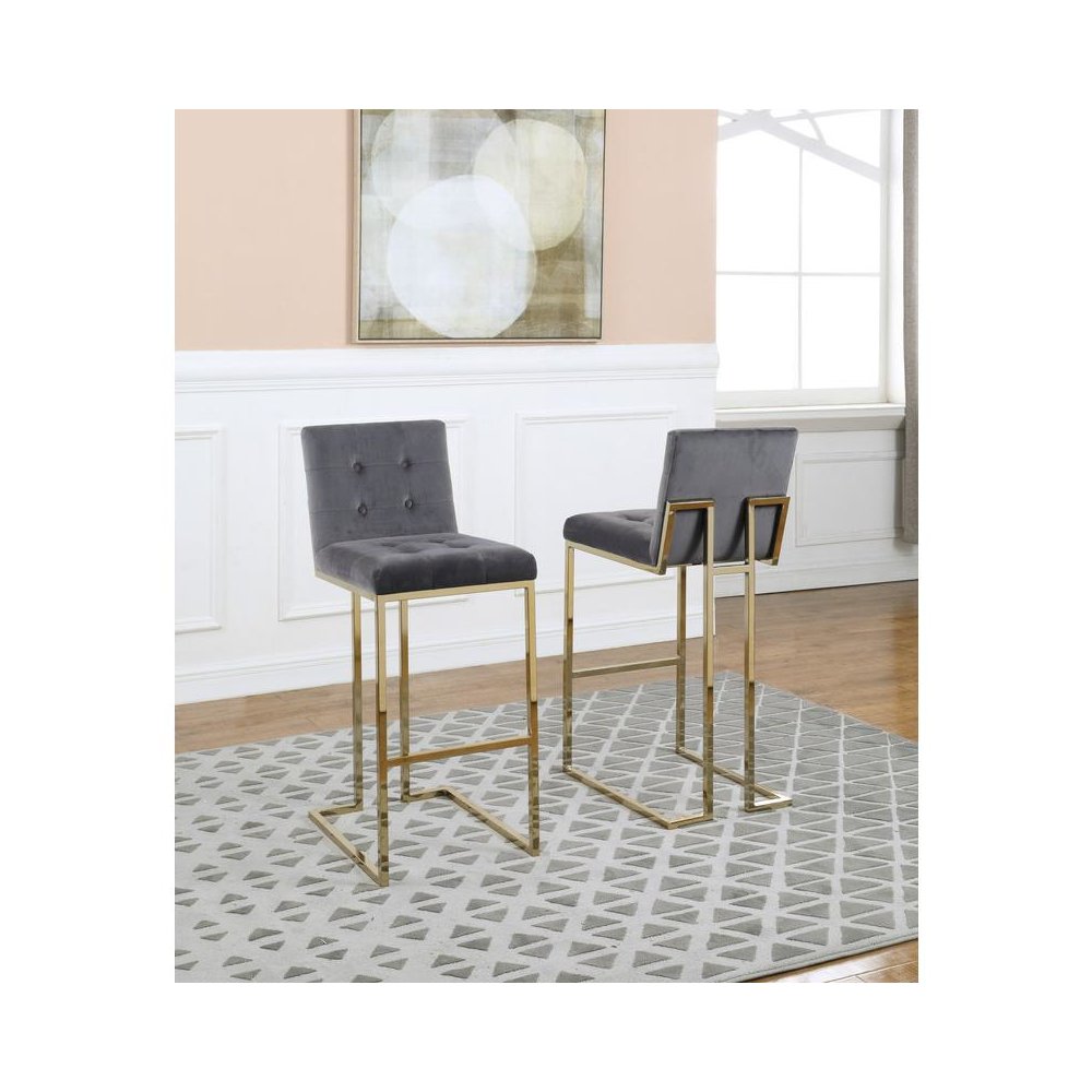 29" Tufted Velvet Upholstered Bar Stool in Dark Grey (Set of 2)