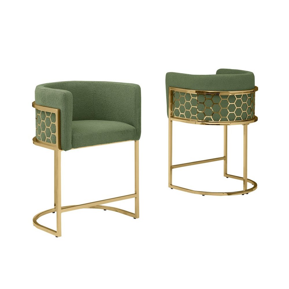 Honeycomb back barrel chair in Green with gold base, Set of 2