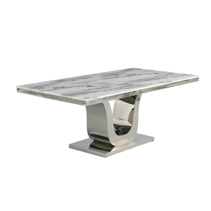 7pc dining set- Recatngle Marble table with a U shape base and 6 side chairs in White faux leather