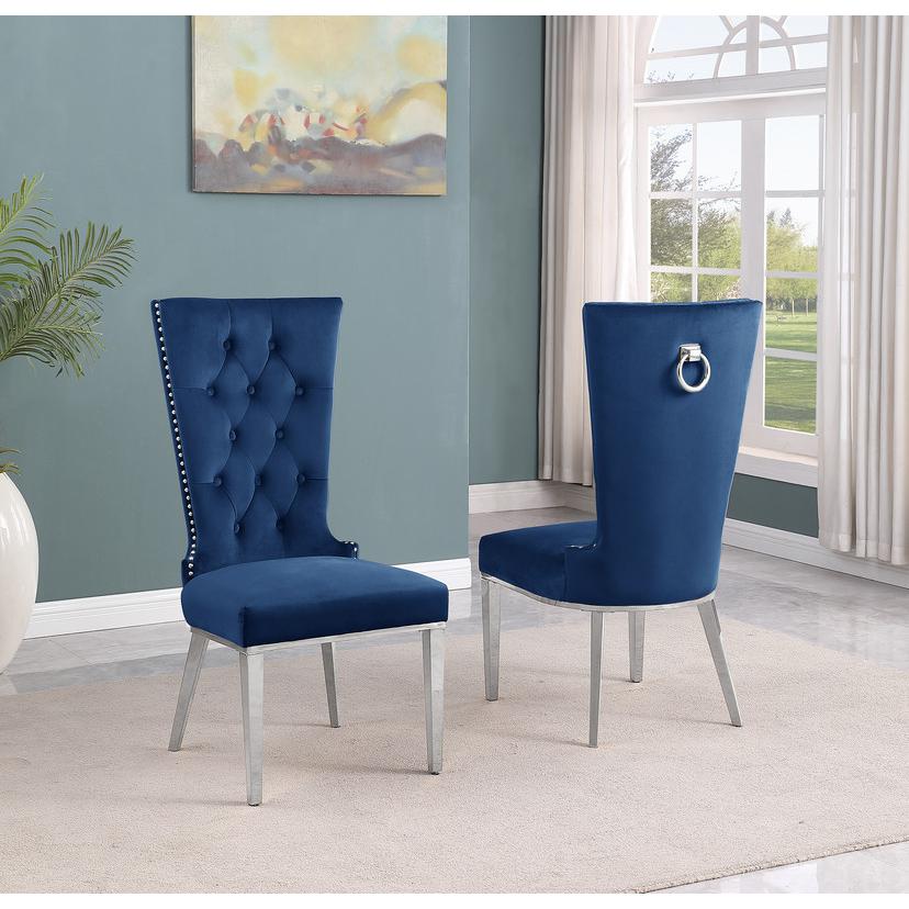 7pc Large(87") marble top dining set with silver base and 6 Navy blue chairs