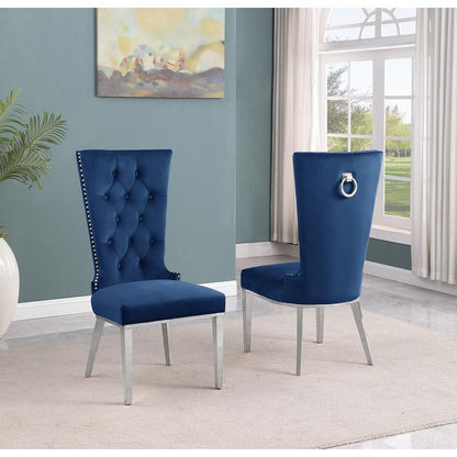 7pc Large(87") marble top dining set with silver base and 6 Navy blue chairs