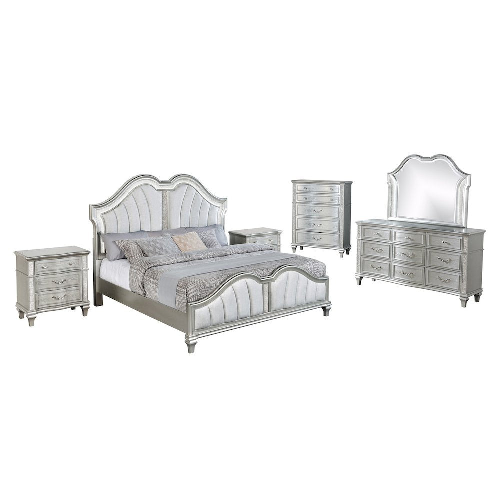 6 Piece Silver Eastern King Panel Bedroom Set (Ekb+Dresser+Mirror+2Ns+Chest)