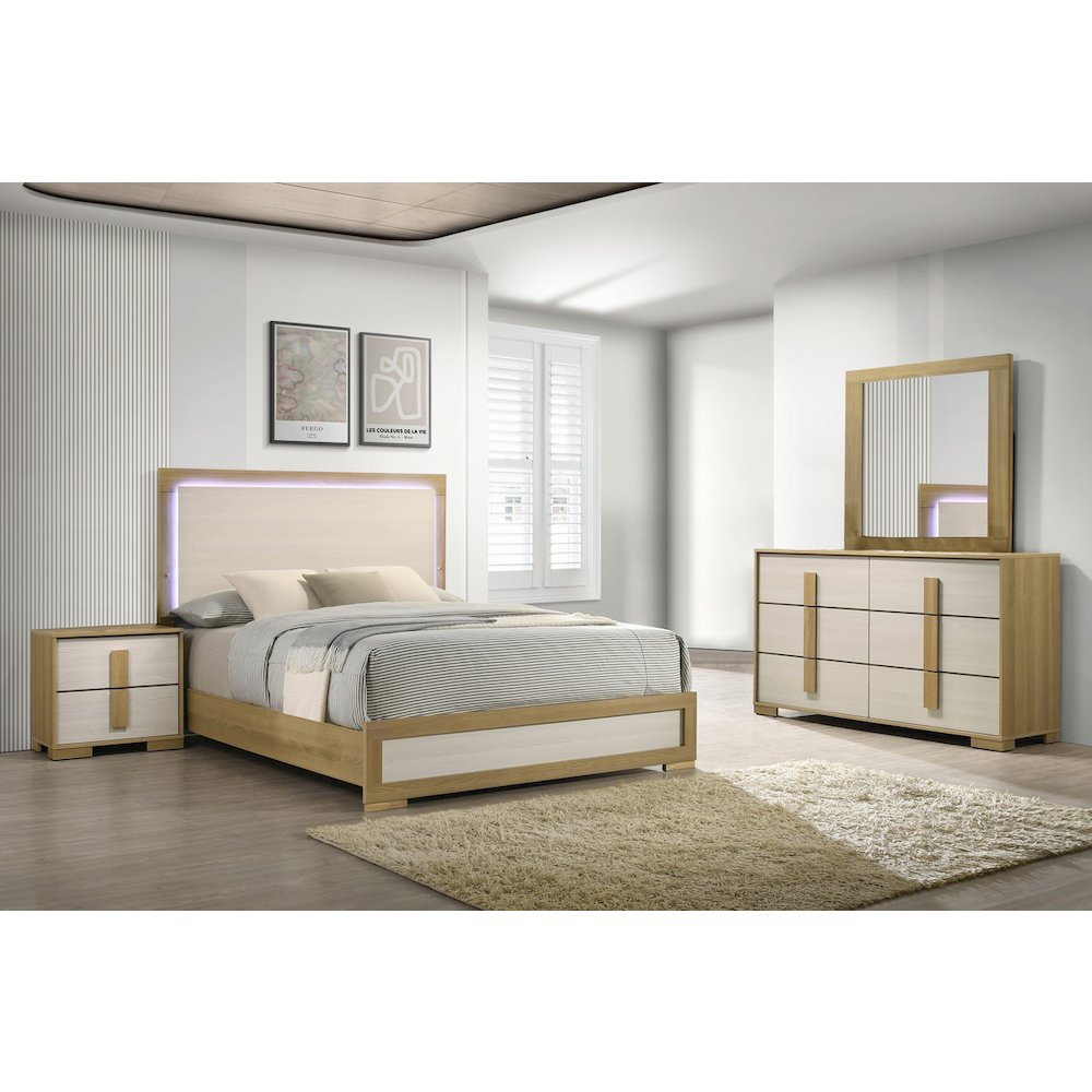 4 piece - Beige wood bedroom set (Bed+NS+Dresser+Mirror)