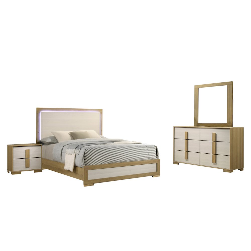 4 piece - Beige wood bedroom set (Bed+NS+Dresser+Mirror)