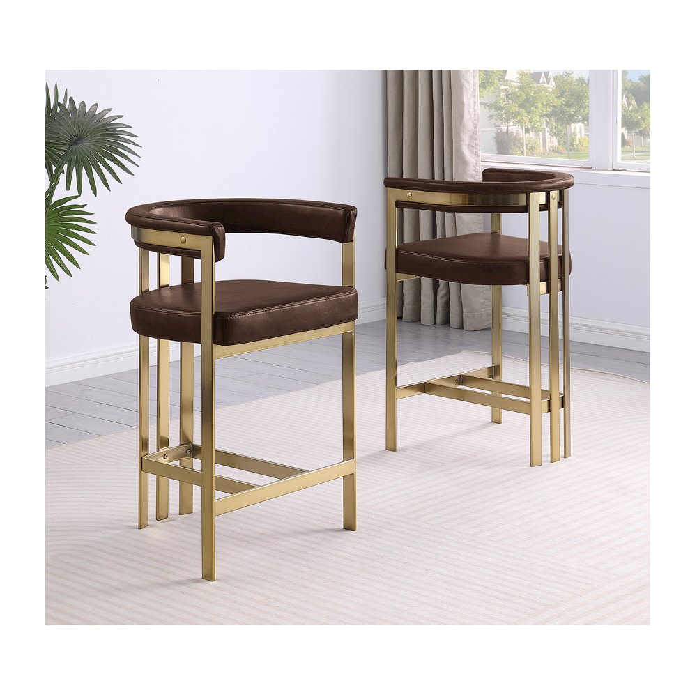 Espresso Leather-Aire Fabric Counterheight with Gold Chrome Base (Set of 2)