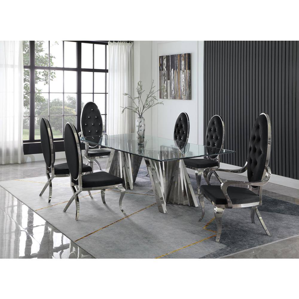 Classic 7pc Dining Set w/Uph Tufted Side/Arm Chair, Glass Table w/ Silver Spiral Base, Black