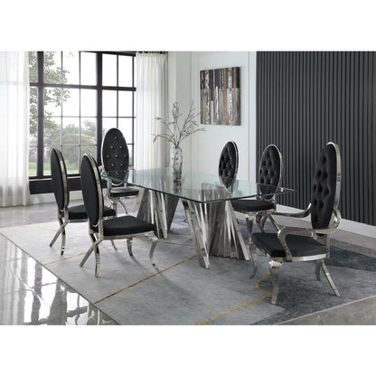 Classic 7pc Dining Set w/Uph Tufted Side/Arm Chair, Glass Table w/ Silver Spiral Base, Black